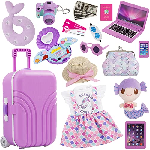 Srua Don 18 Inch Doll Suitcase Travel Luggage Play Set, 18´´ Doll Mermaid Theme Travel Carrier Storage Accessories for 18inch Doll, Include Case Doll Clothes Hat Sunglasses Camera Pillow Toy Pet, etc