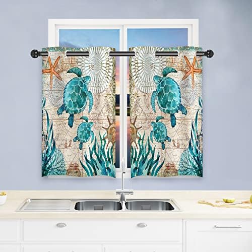 ANHOPE Sea Turtles Curtains, Teal Turtles Coral Reef with Nautical Map and Starfish Ocean Sealifes Beach Theme Pattern Waterproof Grommet Window Drapes for Bedroom Bath Window 2 Panels W27.5 x L39