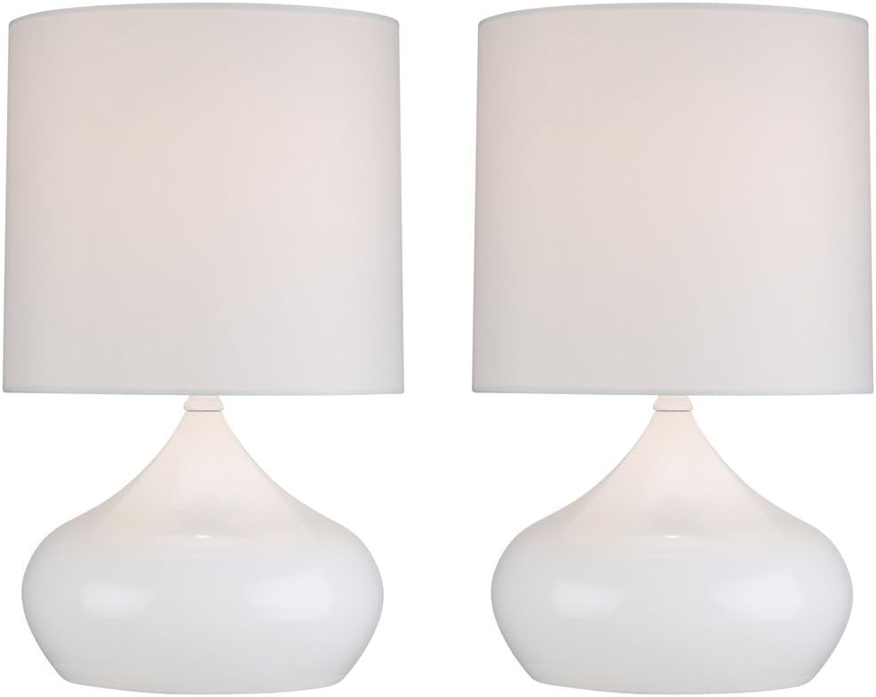360 Lighting Mid Century Modern Mini Accent Table Lamps 14 3/4" Tall Set of 2 Arctic White Steel Droplet Fabric Drum Shade Decor for Bedroom House Bedside Nightstand Home Office Entryway