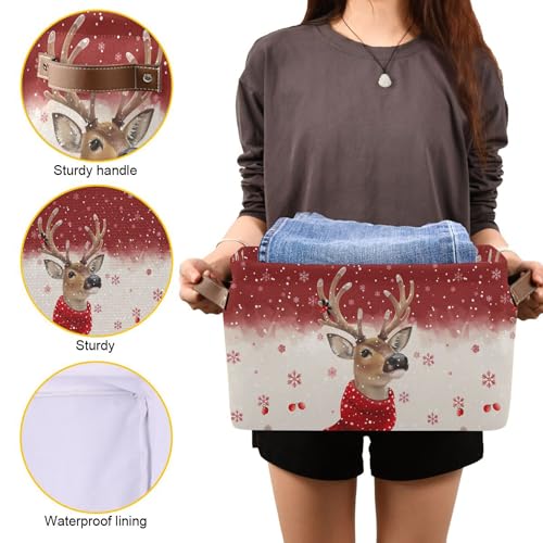Image of Wamika Christmas Reindeer Storage Basket with Waterproof Liner and PU Handles Winter Snowflake Red Storage Bins Boxes 14.2 inch Collapsible Decorative Organizer Baskets for Bedroom Closet Office 1 Pack