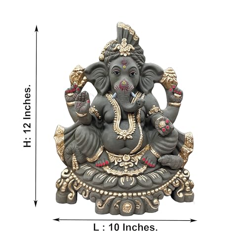 Image of 12 Inches. Big Clay Ganesha Idol, Mitti Ganpati Statue for Visarjan at Home, Water Soluble Clay Idol for Ganesh Chaturthi (Grey Golden)