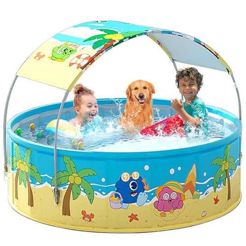 Image of Foldable Swimming Pool with Canopy for Kids 62.9 inchx17.7 inch Hard Plastic Portable Dog Pool Anti-Slip Collapsible Pets Bathtub Kiddie Pool Indoor Outdoor Backyard (JellieMons 63'')
