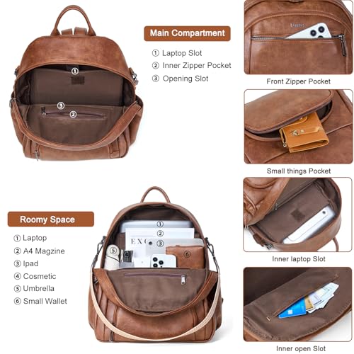 Leresas 35L Backpack Purse for Women Men Vegan Leather Backpack Travel College Work Laptop Computer Bag Business Teacher Backpack Brown — view 4