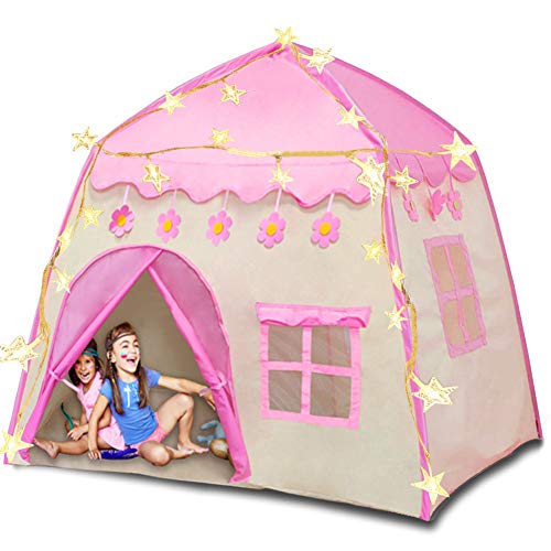 Princess Castle Play Tent with Lights Kids Teepee Tent Large Children Playhouse Oxford Fabric Children Playhouse for Indoor Outdoor with Carry Bag Portable Playhouse Boys & Girls Birthday Gift (Pink)