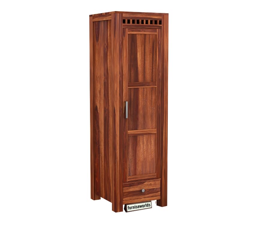 Image of Sheesham Wood Wardrobe with 1 Drawer and 4 Shelves Storage for Bedroom Wooden Almirah for Clothes for Living Room Bedroom Home, Solid Wood Furniture (Honey)