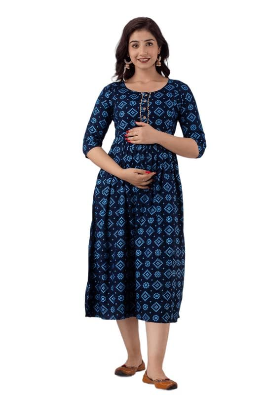 HENAL Women's Printed Maternity Dress Pregnancy Casual 3/4 Sleeve Dual Zipped for Feeding Nursing Maternity Comfort Dress Kurta, Multicolor-image-25