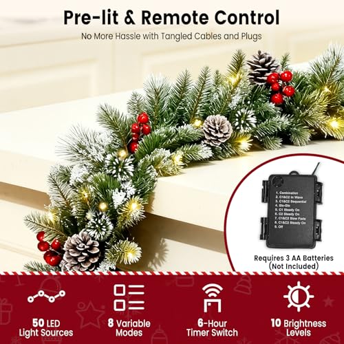 Trepcrow Christmas Garland with Lights, 9FT Pre Lit Garland Christmas with Remote Control, Holiday Decorations Wreath for Fireplace, Mantel, Stair, Xmas Tree, Front Door, Outdoor (9ft/2.7m) - Image 5