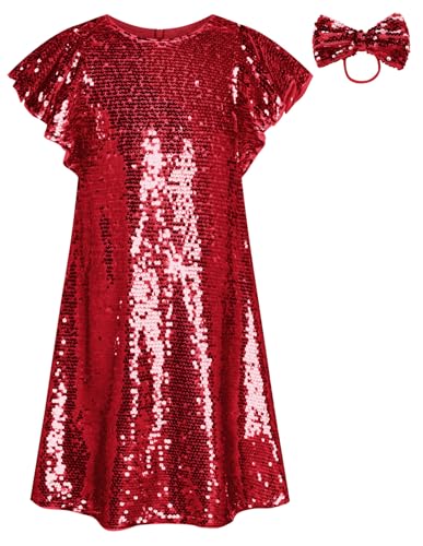 GRACE KARIN Red Dress for Girls Sparkly Short Flutter Sleeve