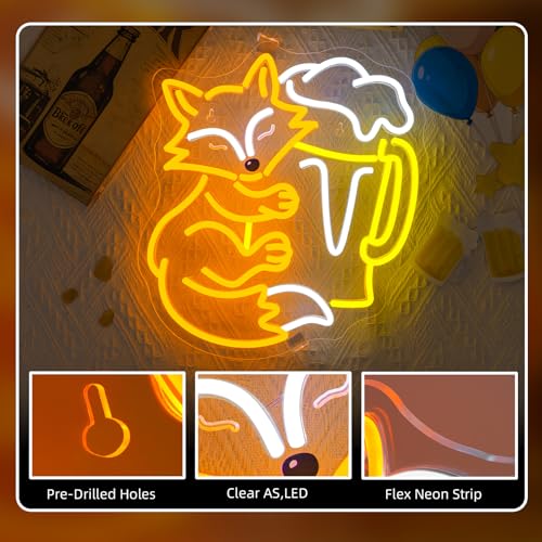 Image of Fox Beer LED Neon Sign Beer Mug Light Up for Bar Party Wall Decoration | 13IN*12IN,Five level brightness adjustment,USB power,For Bar,Club,Pub,Party,Men Cave,Garage,Living room,Bedroom,Restaurant