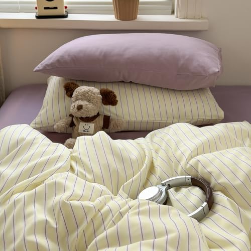 Image of MKXI Twin XL Size Yellow Purple Striped Duvet Cover Set - 3 Piece Vintage Retro Bedding, Lightweight Breathable Comforter Cover, Joyful Style Bedroom Decor with Zipper Closure