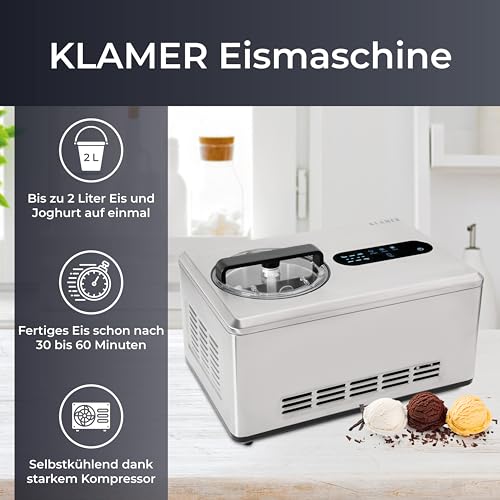KLAMER 2-in-1 Eismaschine & Joghurtbereiter 2 L, 220 W Eiscrememaschine aus Edelstahl mit Kühl- und Heizfunktion, hausgemachtes Speiseeis mit selbstkühlendem Kompressor, inkl. Konsistenzsteuerung – Bild 3