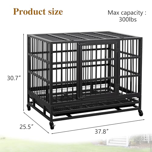 JY QAQA 38 Inch Heavy Duty Indestructible Dog Crate, Escape Proof Dog Cage Kennel with Lockable Wheels,High Anxiety Double Door Dog Crate, Xl Extra Large Crate Indoor for Large Dog with Removable Tray