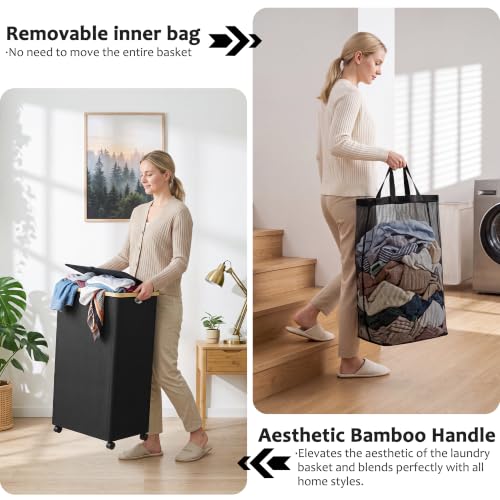 Image of efluky 100L Laundry Basket with Wheels and Lid, Rolling Laundry Hamper with Bamboo Handles and Removable Bag, Dirty Clothes Hamper on Wheels for Laundry Room Organizer, Dorm