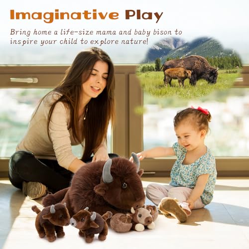 MorisMos Bison Stuffed Animal, 18inch Mommy Bison with 3 Babies by MorisMos - Used condition - Image 2