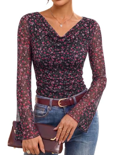 GRACE KARIN Women Boho Mesh Blouse Dressy Cowl Neck Top Black Floral XL