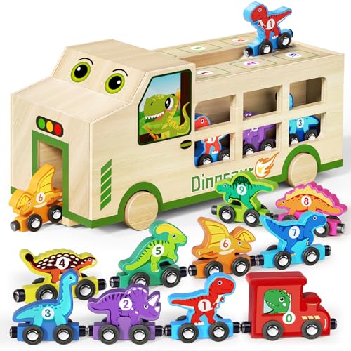 GJZZ Wooden Dinosaur Truck & 10 Magnetic Wooden Dinosaur Train Set | Montessori STEM Toys for Kids 2-5 Years | Toddler Learning Toys, Birthday Gifts for Boys and Girls