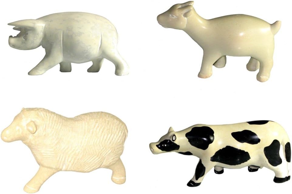 Set of 4 Baby Farm Animals in Soapstone Pig Cow Sheep Goat Figures 5cm in White Gift Box