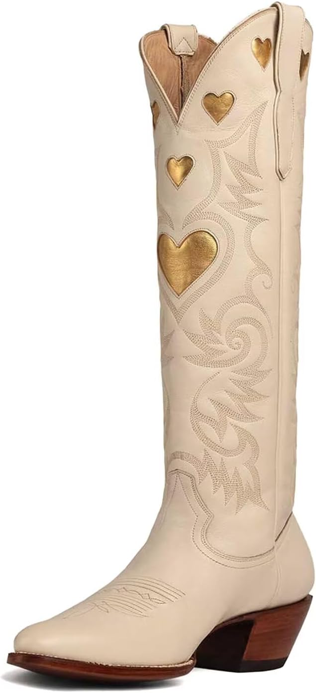 Agodor Cowboy Boots for Women Heart Cowgirl Boots Classic Embroidered Women Wide Calf Knee High Boots Chunky Heel Pointed Toe Pull On Fashion Western Boot