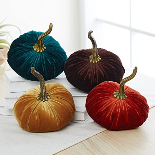 Set of 4 Small Velvet Pumpins, Handmade Home Decor, Fall Mantle Decor, Autumn Mantel, Accent, Thanksgiving Centerpiece, Rustic Fall Wedding, Farmhouse Home Decor (Rust, Brown, Gold, Emerald)