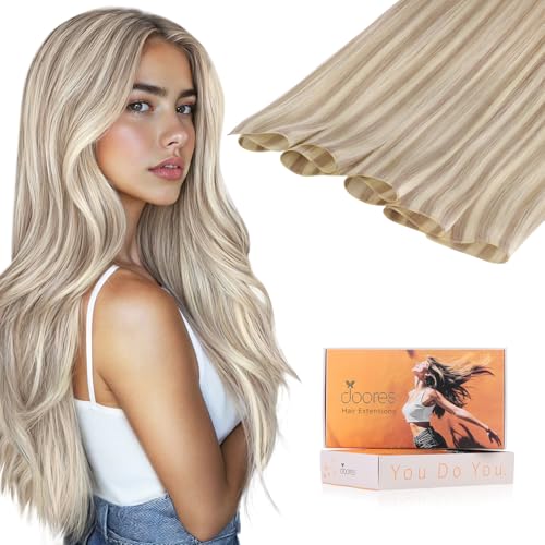 Image of DOORES Genius Sew in Weft Hair Extensions, Honey Blonde Highlight Platinum Blonde 22 Inch 60g Invisible Sew in Hair Extensions Hand Tied Remy Natural Looking