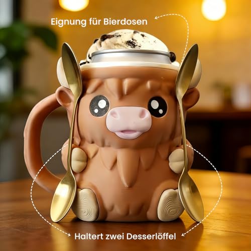 Kuh-Design Eisbecher-Halter mit Löffelhalterung – Isolierter 473-ml-Pint-Halter für EIS, Smoothies & Getränkedosen, mit verstecktem Fach & praktischem Griff – Geschenkidee für Tierfreunde & Genießer