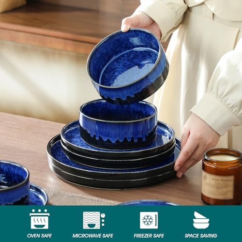 Image of vancasso Starry Plates and Bowls Sets for 8, 24 Pieces Blue Dinnerware Sets for Kitchen, Modern Stoneware Dishes Set, Dishwasher and Microwave Safe