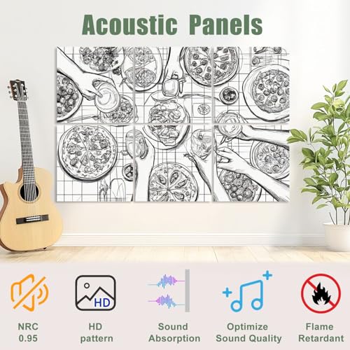Paneles acústicos artísticos en paquete de 6 unidades 72"x48" con diseño retro pizza, auto-adhesivos y decorativos para estudios, oficinas y habitaciones miniatura 3