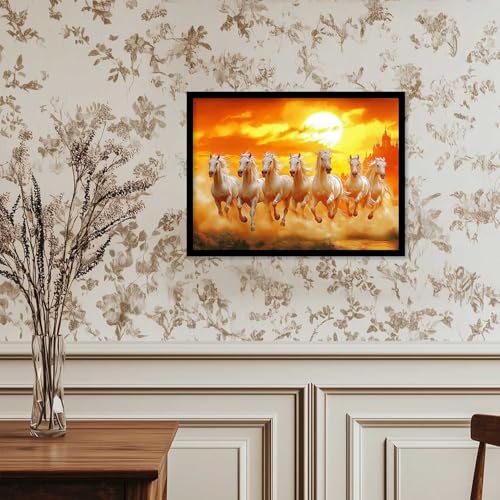 Image of HOTHOUSE Seven Running Vastu Lucky Horse Rising Sun Painting Wall Decor | 7 Horses Vastu Frame Wall Art Painting for Living Room Bedroom Office Home Decor Size (19X25 inch)