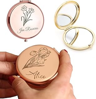 Personalized Birth Month Flower Theme Compact Mirror Custom Engraved Birthday Flower Gift Mirror for Girlfriend Mother Women,Wedding Favors Gifts for Bride Bridesmaid Bulk Travel Makeup Mirror