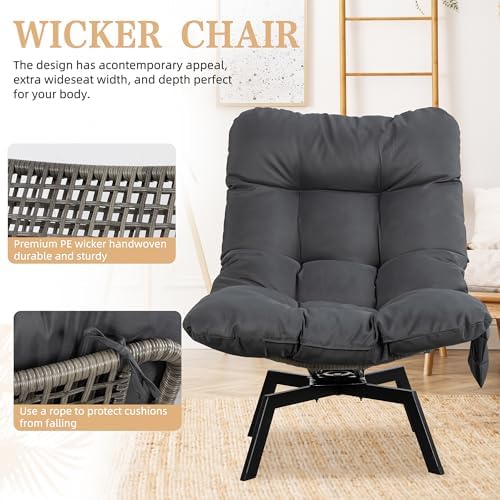 Oversized Swivel Wicker Chair - PE Rattan Outdoor Lounge Chair with Cushion for Patio, Balcony, Backyard, Garden, Living Room - Stylish Black Design