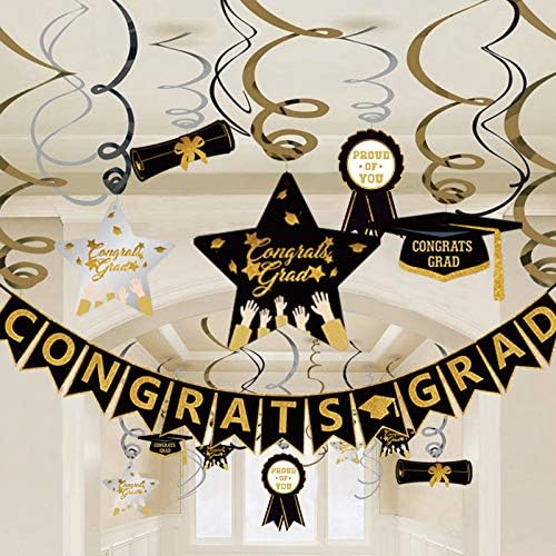 Graduation Hanging Swirl Banner Decorations, Black Gold Silver Star Banner Garland party Supplies for Class of 2023