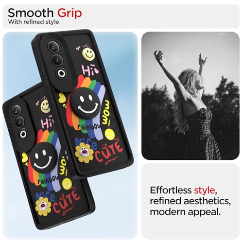 Image of Pikkme Back Cover for OnePlus Nord CE 4 5G | Soft Silicone| Cute Rainbow Smile & 3D Cartoon Flower Design | Shockproof Raised Camera Protection Bumper Case (Black)
