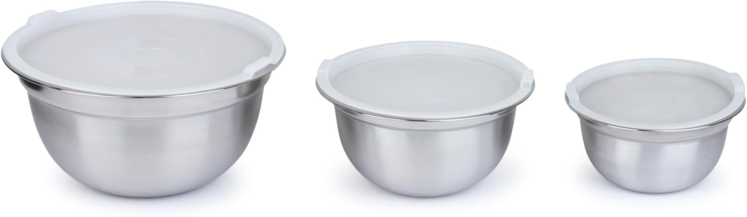 3-Piece Stainless Steel Mixing Bowl Set with Lids – Durable Bowls Dishwasher Safe, Silver