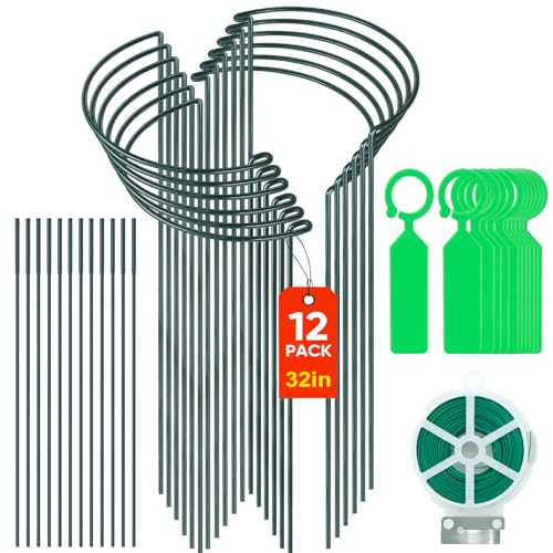12 Pack 10" W x 32" H Plant Support Stakes, Large Peony Cages and Supports, Tall Peony Ring Supports, Garden Plant Stakes for Outdoor Plants, Rose, Tomato, Hydrangea, Flowers by Gicare - Used condition - US$38.39