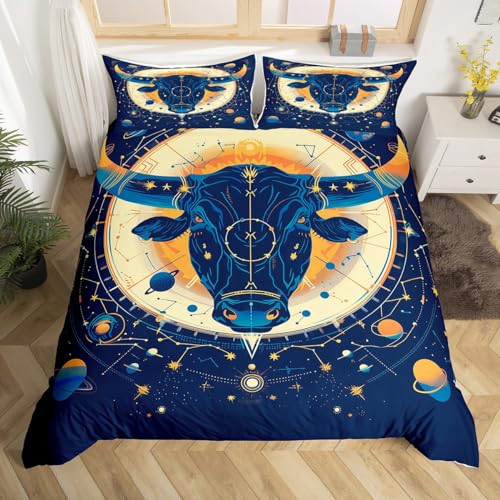 Manfei Taurus Duvet Cover,Starry Galaxy Planets Golden Blue Duvet Cover for Kids Boys Girls Teens,Constellations Astrology Zodiac Boho Glitter Bedroom Decor Comforter Cover(No Filler) Full