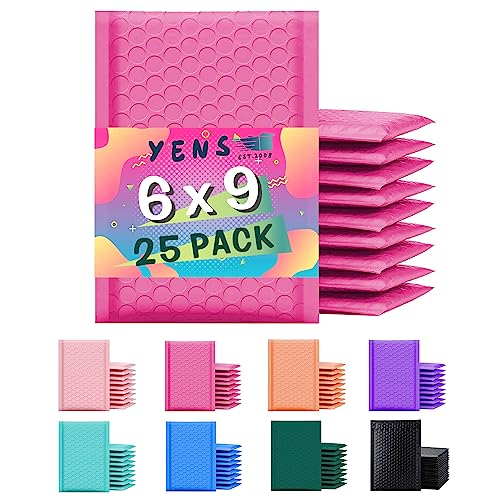 Yens Poly Bubble Mailers 6x10 25 Pack Hot Pink Waterproof Self Seal Adhesive Shipping Bags, Cushioning Padded Envelopes for Shipping, Mailing, Packaging Usable 6x9