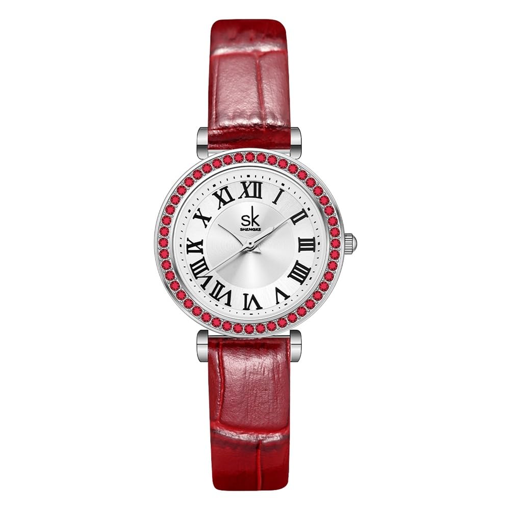 SHENGKE SK Fashion Crystal-Accented Watch for Women with Roman Numerals, Easy Read Dial Watch(Silver-Red)