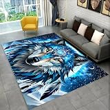 Azul Galaxia Atrapasueños Lobo Alfombra Habitación Juventud Niños Infantil Adolescentes, Franela Antideslizante Home Decor Gaming Alfombra para Sala de Juegos, Sala de Estar, Dormitorio, 120x160 cm