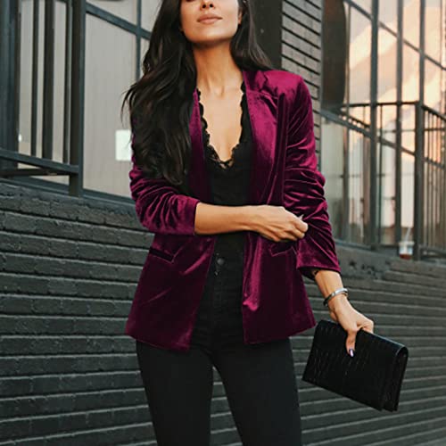 Mintlimit Women's Casual Blazer Jackets Solid V Neck Buttons Velvet Blazer With Pockets Outerwear (Wine Red,L) #TOP3