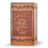 INTAJ Handcarved Wooden Cremation Urn for Human Ashes - Tree of Life Design, 250 lbs Capacity, Suitable for Adult Men and Women - Decorative Funeral Urn Box and Casket - Wooden Carved Box