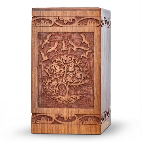 INTAJ Handcarved Wooden Cremation Urn Box for Human Ashes