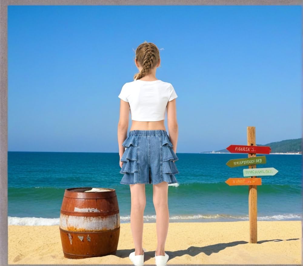 Kids Girls Jean Shorts Loose Fit Soft Cotton Comfy Ruffle Children Pull On Denim Shorts - Ages 4 to 14 - Image 6