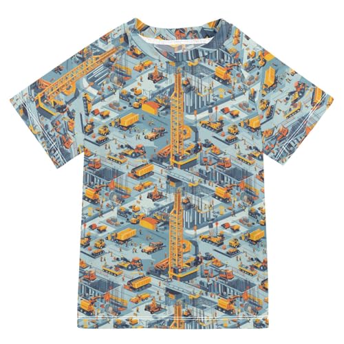 Boy Bathing Suit Short Sleeve Rash Guard for Girls 3T Construction Scene Dam Construction Tower Crane Dump Truck