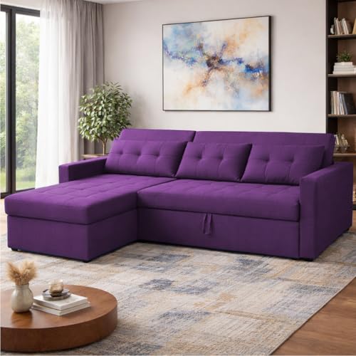 Image of Emilio 4 Seater LHS L - Shape Pull-Out Sofa Cum Bed Sofa for Living Room (Purple Fabric Color) Premium Fabric Sofa Set for Living Room Sofa Cum Bed