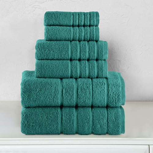 Image of Elegant Comfort 4 Lines Viscose Stripe 6-Piece Premium Towel Set - 100% Turkish Cotton High Absorbent Luxury Bathroom Towels - Includes 2 Washcloths, 2 Hand Towels and 2 Bath Towels Set, Turquoise