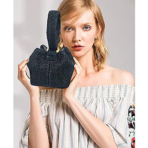 Women's Straw Hook Clutch,Summer Circular Ring Handbag Bucket Bag Fashion Wristlet Chain Shoulder Bag Black 16X14.5X18Cm(6X6X7Inch) #TOP5