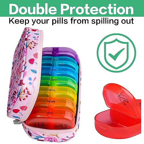 Image of Serfeymi Weekly Travel Pill Organizer 2 Times A Day AM PM Upgraded Rainbow Pill Box 7 Day with Portable Zipper Canvas Pill Case, Medicine Organizer for Pills, Vitamins, Fish Oils - Pink 01