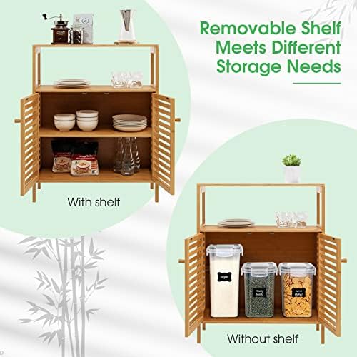 Multigot Bamboo Floor Cabinet, Freestanding Bathroom Storage Cabinet with Double Slatted Doors, Open Shelf and Removable Shelf, Bathroom Living Room Kitchen Organiser Unit