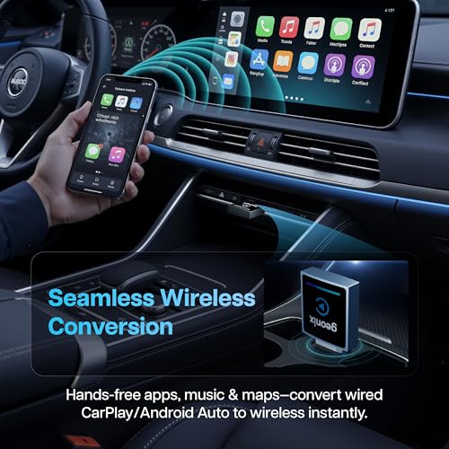 Image of Geonix DashPlay 2-in-1 Wireless Car Receiver for Android Auto & Apple CarPlay, Converts Wired to Wireless, Bluetooth Plug & Play Receiver - Compatible with OEM Factory-Fitted Wired Systems (Black)