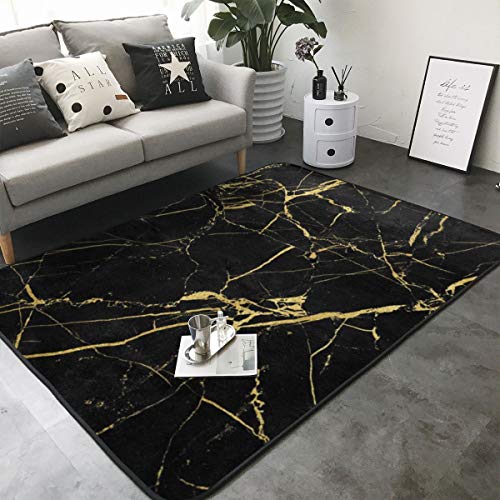 KasaBlaro Black Gold Marble Print Area Rug Carpet Contemporary Rugs Living Room Dining Area Rugs Room Rugs Office Rugs Modern Rug 80  X 58 